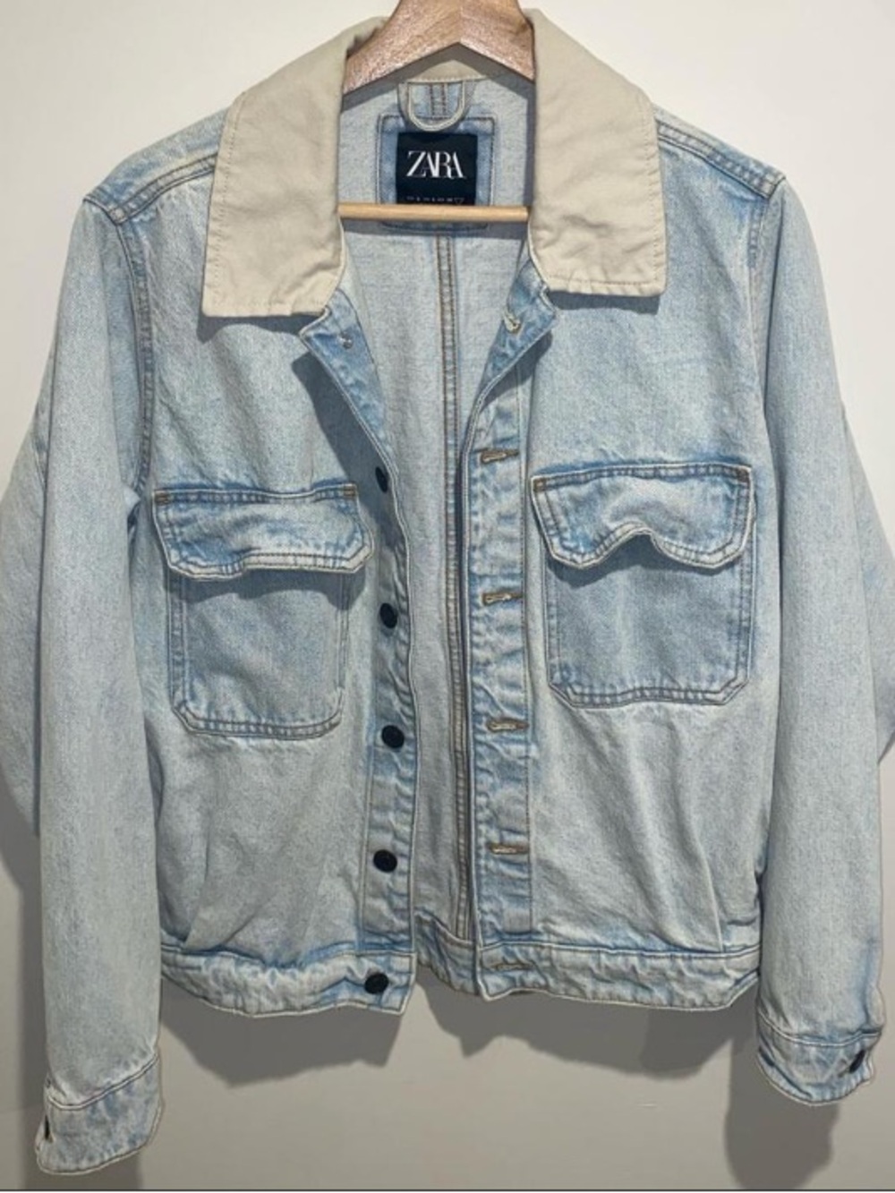 ZARA Light Blue Denim Jacket with Cream Collar